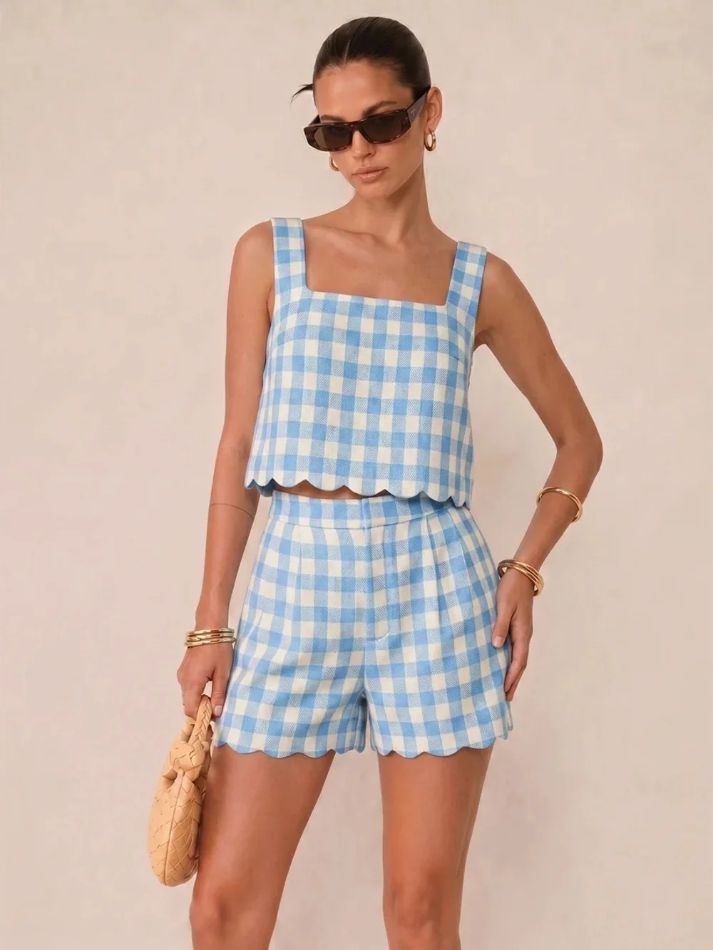 Commense Gingham Scallop Hem Crop Top & Shorts Set